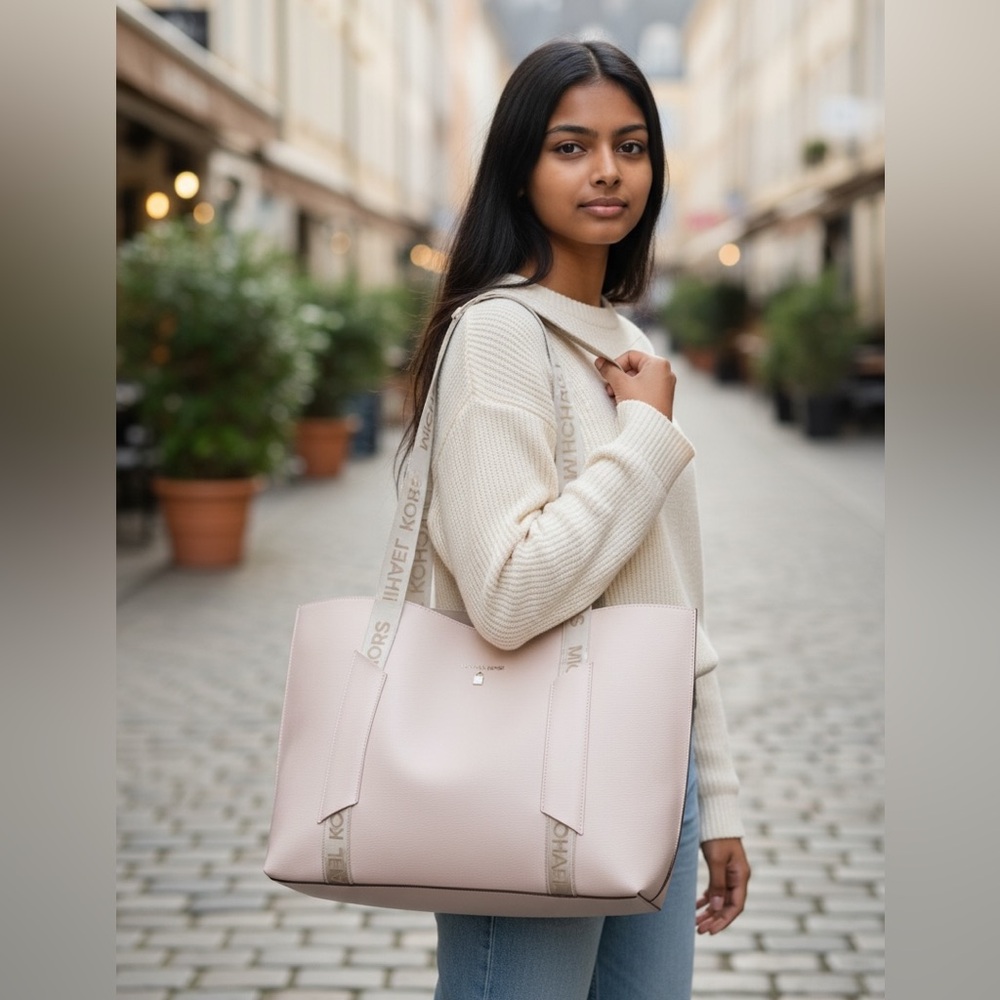 Michael Kors blush pink open top tote bag clear logo straps large